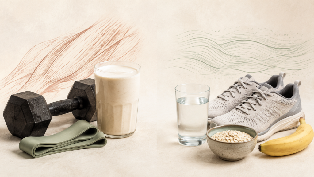 Protein serving alongside cardio and strength equipment