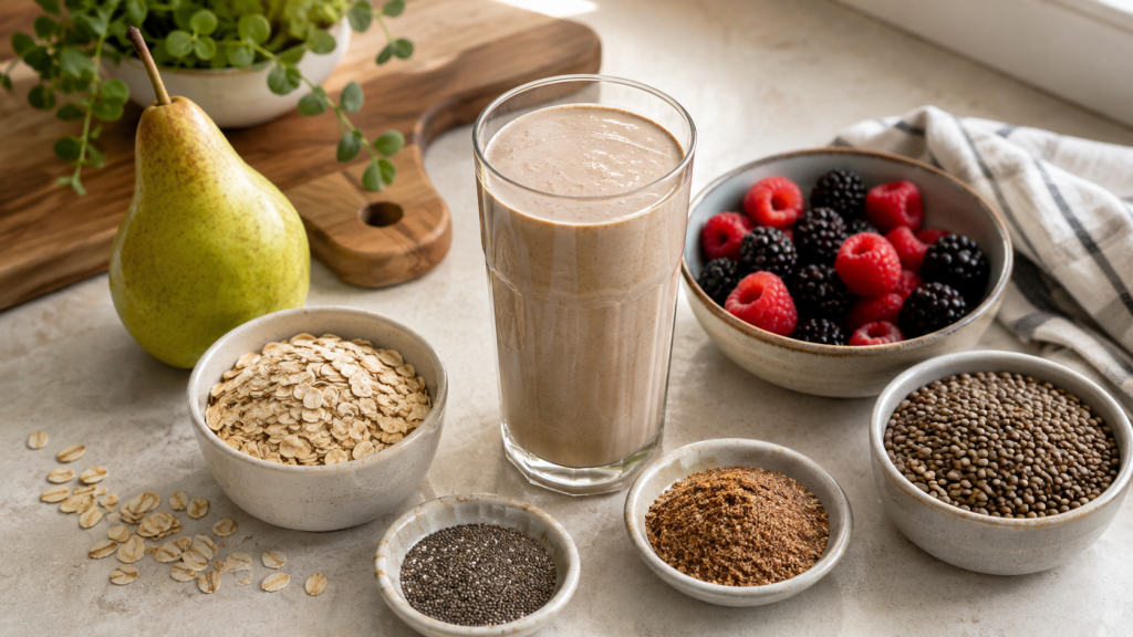Protein shake surrounded by oats, berries, pear and chia seeds as fiber-rich foods