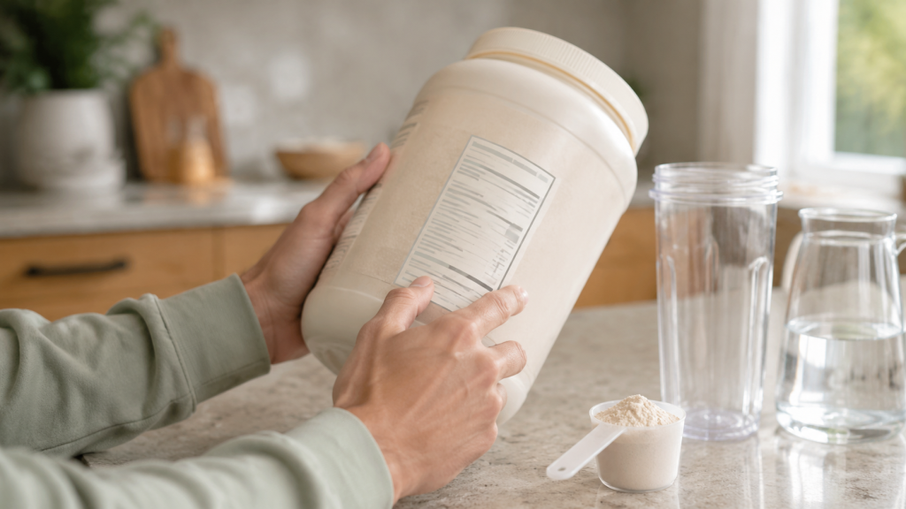 Person checking the ingredient label on an unbranded protein powder container