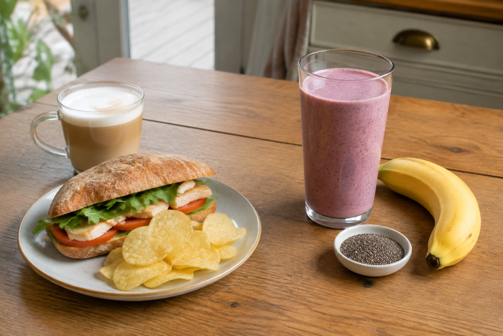 Sandwich lunch compared with a protein shake, banana and chia seeds