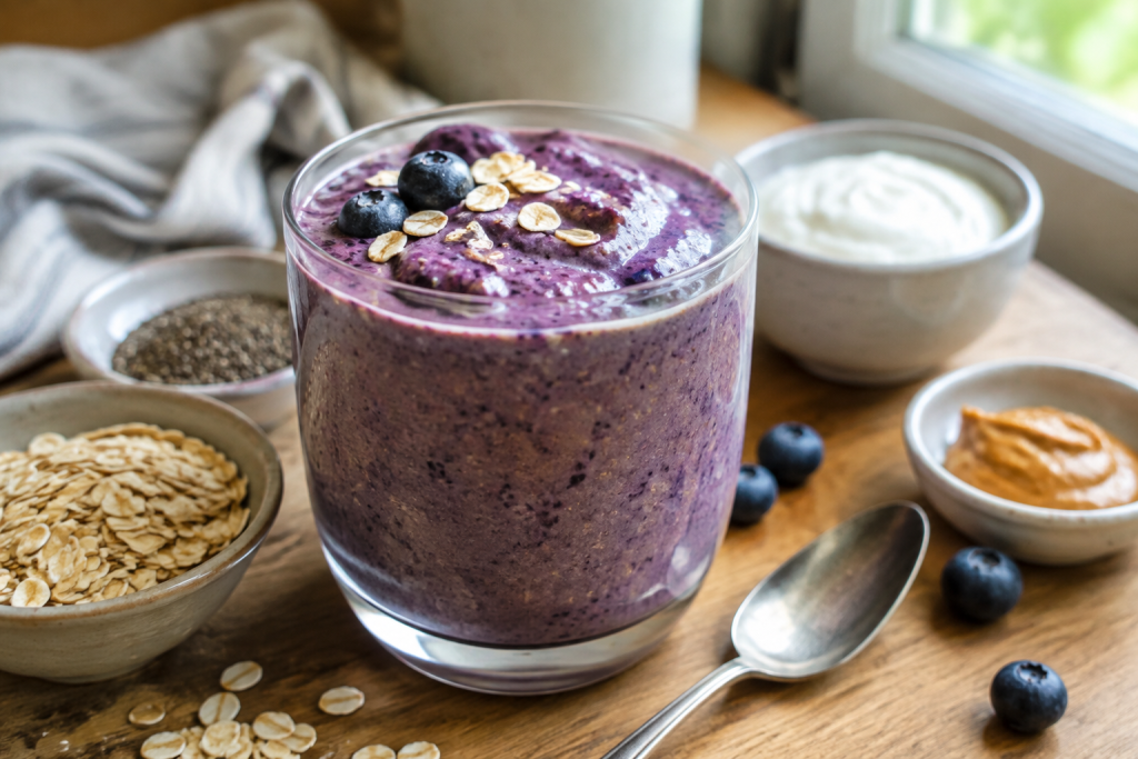 Thick blueberry protein smoothie with oats, chia seeds and Greek yogurt
