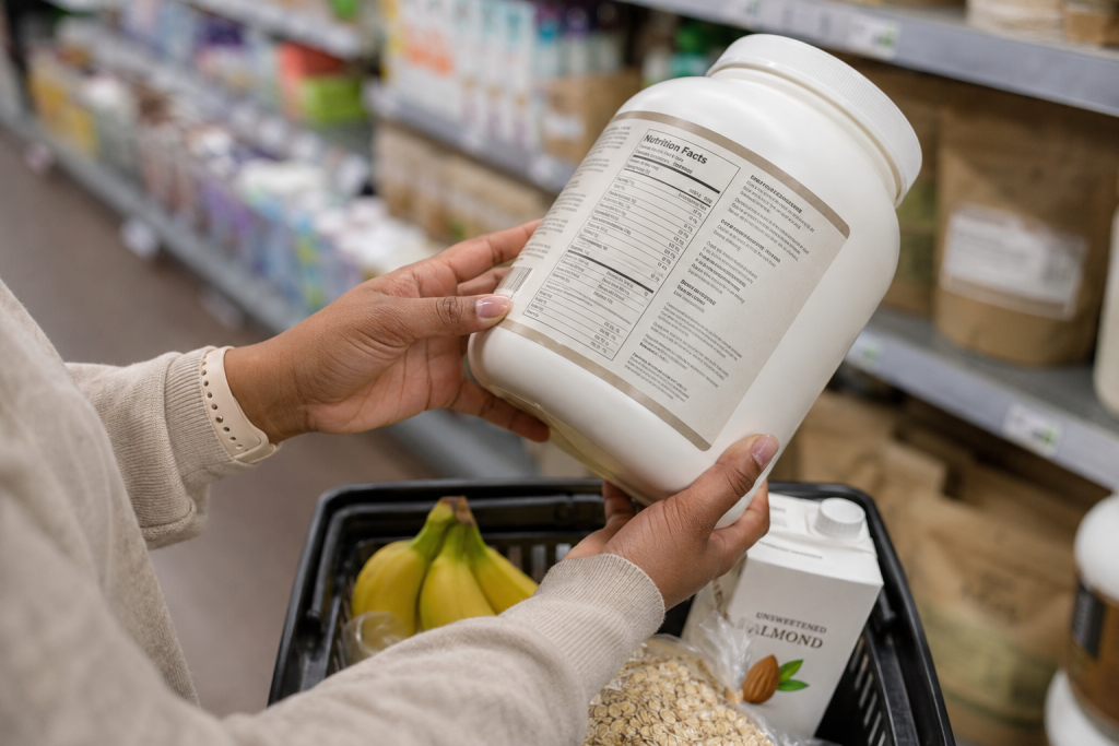 Shopper checking the nutrition facts label on protein powder