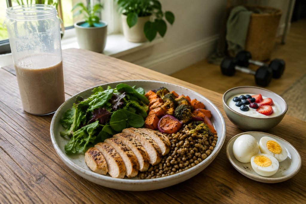 Balanced high-protein meal with chicken, lentils, vegetables and a protein shake
