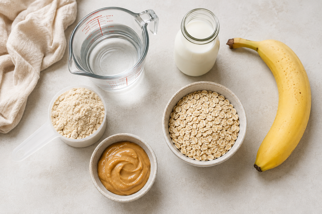 Protein shake equipment including a shaker bottle and blender