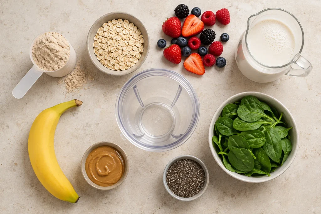 Can a Protein Shake Replace a Meal? An Honest, Practical Answer 3 Protein powder, oats, berries, banana, milk and nut butter for a balanced shake