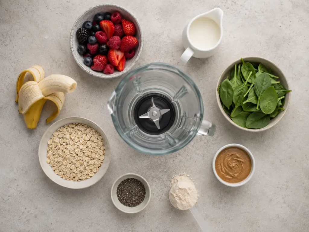 Ingredients for a balanced breakfast protein shake arranged around a blender