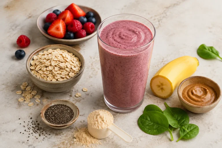 Balanced protein shake with oats, berries, banana and nut butter