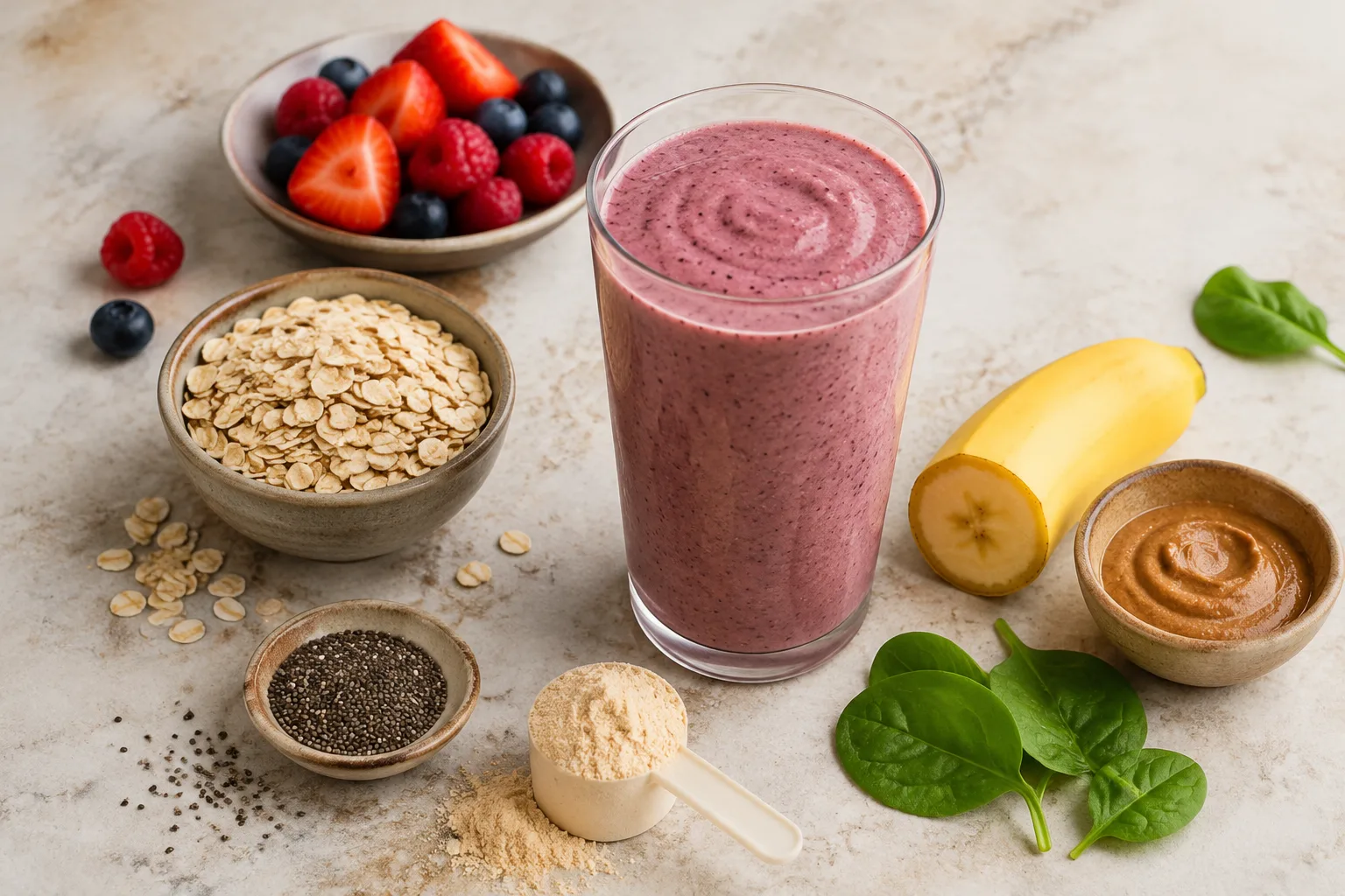 Can a Protein Shake Replace a Meal? An Honest, Practical Answer 1 Balanced protein shake with oats, berries, banana and nut butter