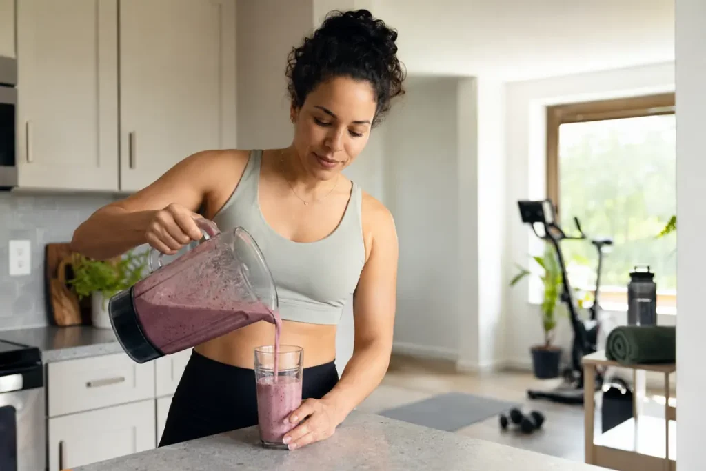 Woman pouring a berry protein shake after a morning workout