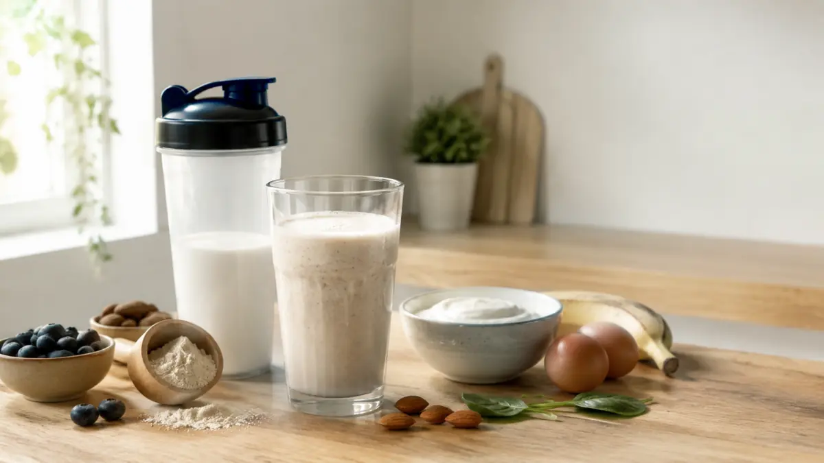 Protein shake with milk, yogurt, banana and protein-rich ingredients