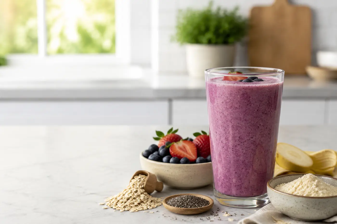 Berry breakfast protein shake with oats, chia seeds, banana and protein powder