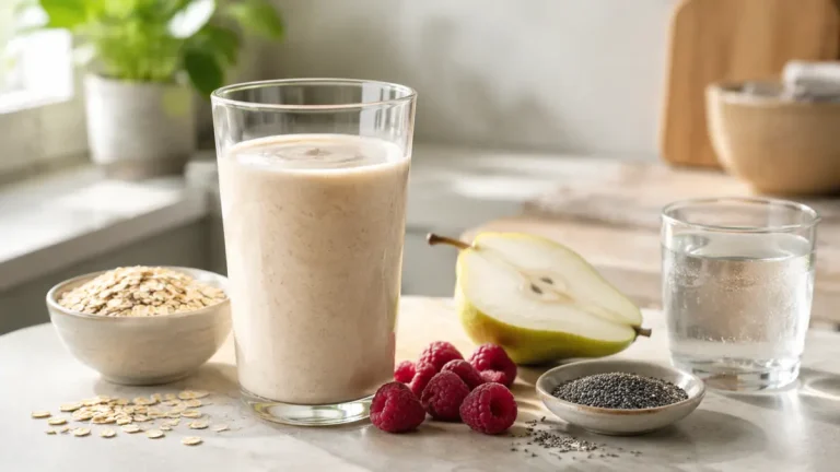 Protein shake with oats, berries, chia seeds and water on a bright kitchen counter