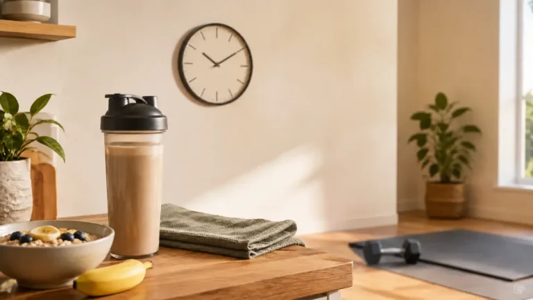 Protein shake beside a gym towel, banana and clock showing workout timing
