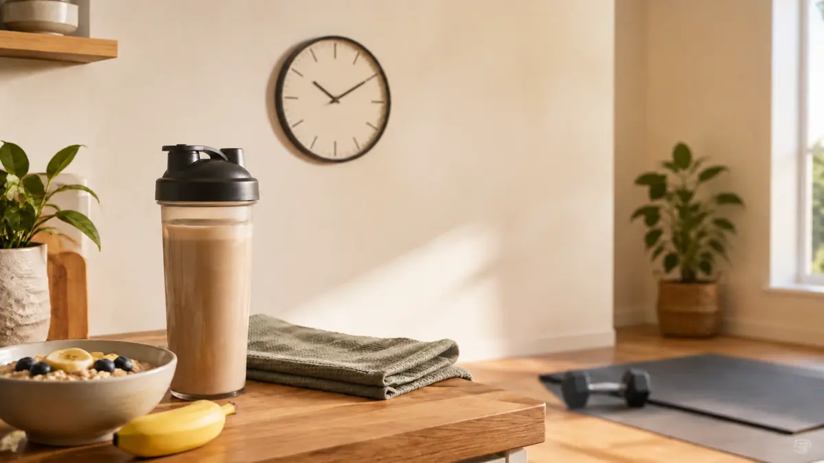 Protein shake beside a gym towel, banana and clock showing workout timing