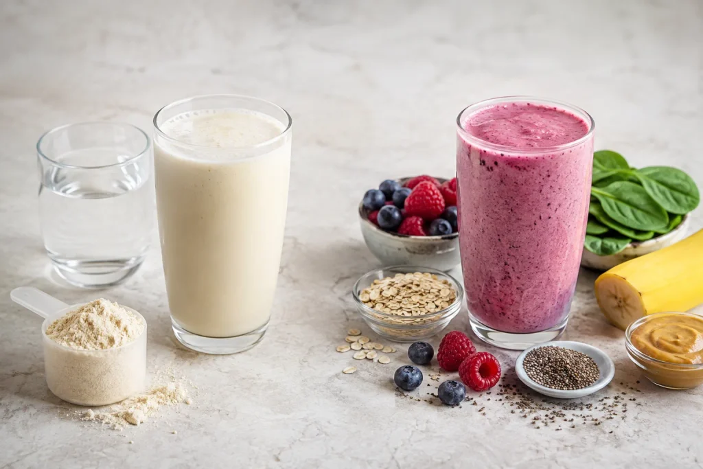 Can a Protein Shake Replace a Meal? An Honest, Practical Answer 2 Plain protein shake beside a balanced meal replacement shake