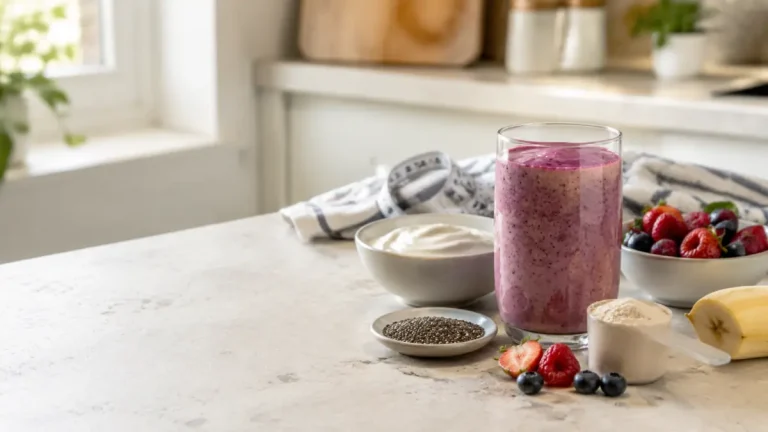 Berry protein shake with Greek yogurt, chia seeds and fresh fruit